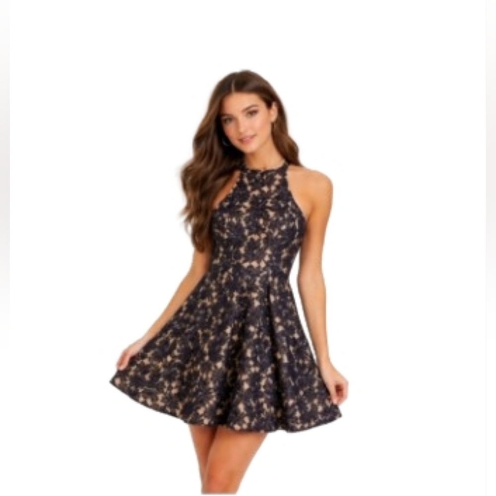 NWT Altar'd State Navy Floral Lace Halter Skater Dress Size M Fully Lined Event